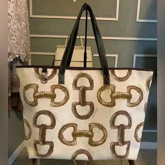 Gucci Vintage Tote Bag Canvas Leather Horsebit Logo  Pattern Beige and Brown. - Picture 1 of 15